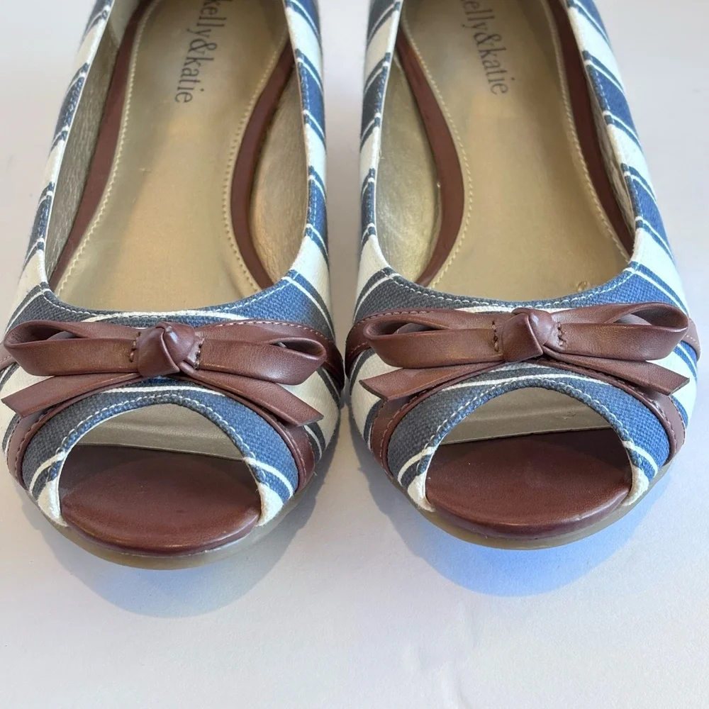Kelly & Katie Women's Open Toe Low Wedge Cork Heel Blue White Stripe Fabric Shoe
